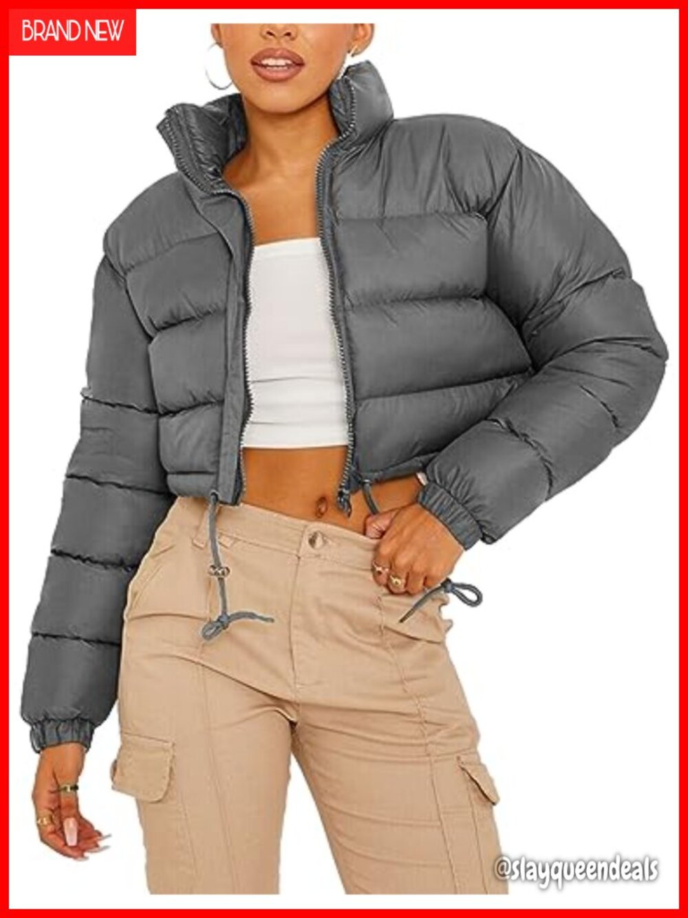 Cropped Puffer Jacket Winter Zip Up Stand Collar Short Down Bubble Coat Pocket